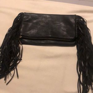 Black vegan leather clutch with stylish fringes
